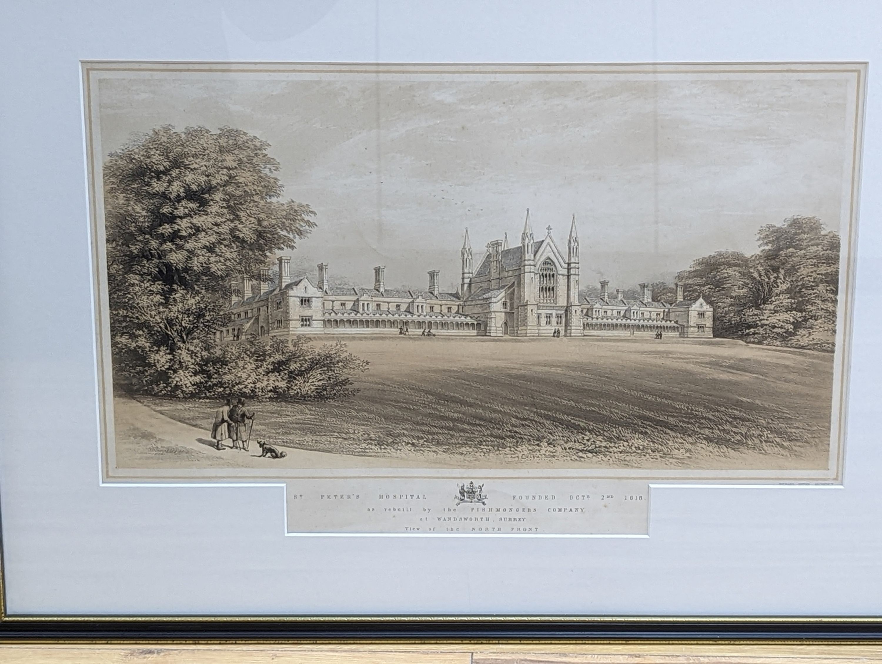 Letitia Byrne, coloured engraving, View of the Suspension Bridge across The Thames at Hammersmith, 36 x 75cm and a lithograph by Richard Sitter of St Peter's Hospital, Wandsworth, 28 x 50cm